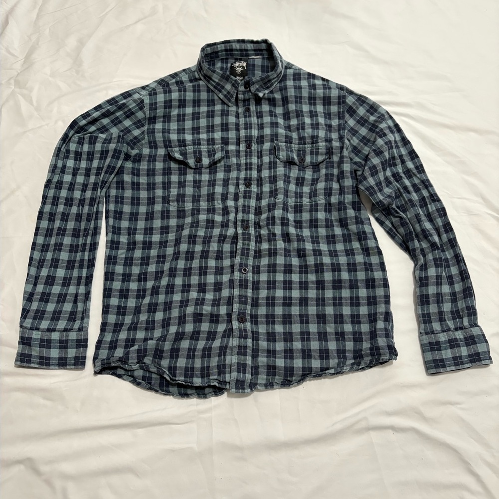 Men's Stussy Plaid Button Up Flannel Shirt in Blue Size Large